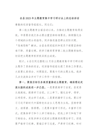 在县2023年主题教育集中学习研讨会上的总结讲话
