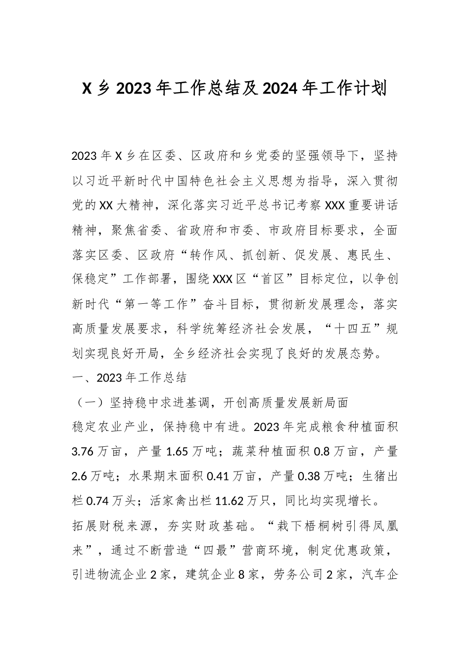 X乡2023年工作总结及2024年工作计划_第1页