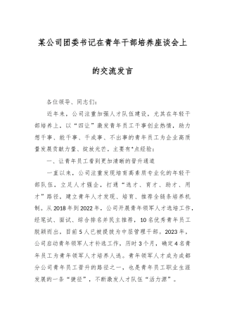 某公司团委书记在青年干部培养座谈会上的交流发言