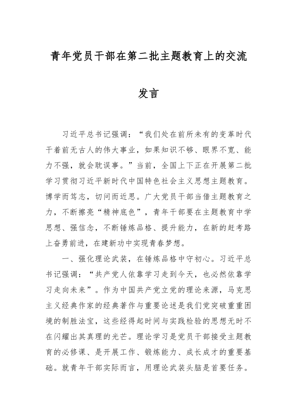 青年党员干部在第二批主题教育上的交流发言_第1页