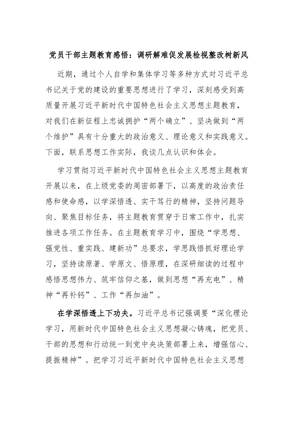 党员干部主题教育感悟：调研解难促发展 检视整改树新风_第1页