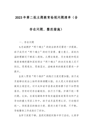 2023年第二批主题教育检视问题清单（含存在问题、整改措施）