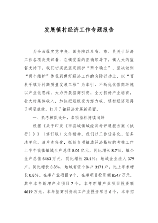 发展镇村经济工作专题报告
