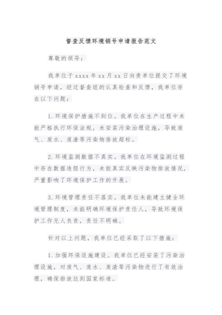 督查反馈环境销号申请报告范文