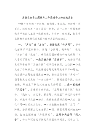 某镇在全县主题教育工作推进会上的交流发言