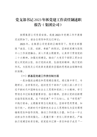 党支部书记2023年抓党建工作责任制述职报告（集团公司）