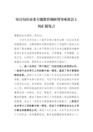 审计局在市委主题教育调研督导座谈会上的汇报发言