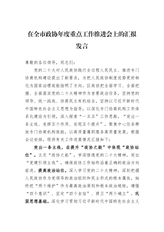 在全市政协年度重点工作推进会上的汇报发言