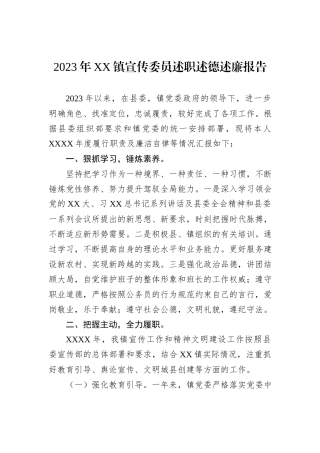 2023年XX镇宣传委员述职述德述廉报告