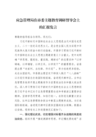 应急管理局在市委主题教育调研督导会上的汇报发言