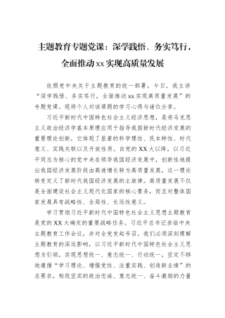 主题教育专题党课：深学践悟、务实笃行，全面推动xx实现高质量发展