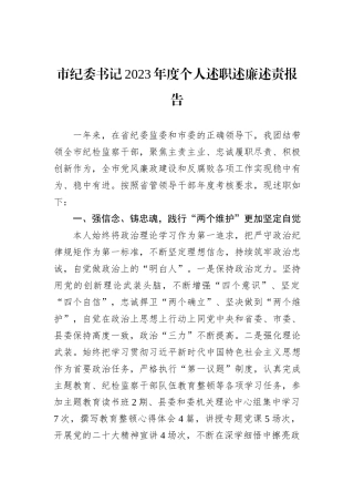 市纪委书记2023年度个人述职述廉述责报告