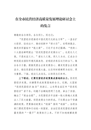 在全市民营经济高质量发展理论研讨会上的发言