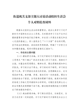 街道机关支部主题大讨论活动组织生活会个人对照检查材料