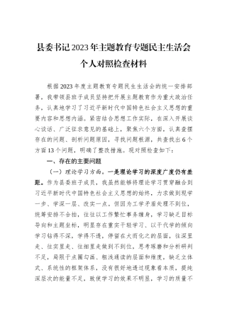 县委书记2023年主题教育专题民主生活会个人对照检查材料