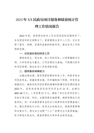 2023年XX民政局项目储备和绩效统计管理工作情况报告