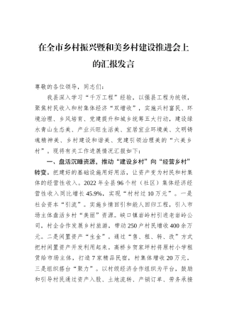 在全市乡村振兴暨和美乡村建设推进会上的汇报发言