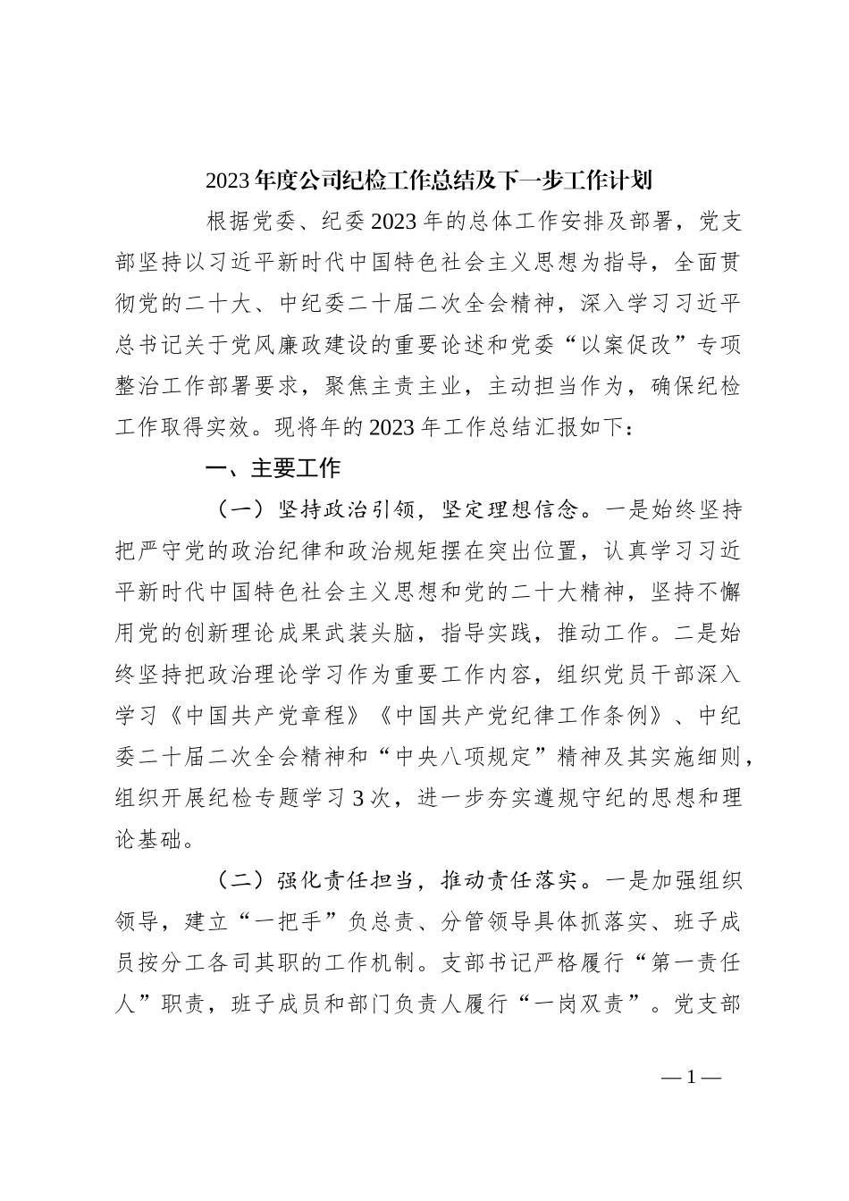 2023年度公司纪检工作总结及下一步工作计划_第1页