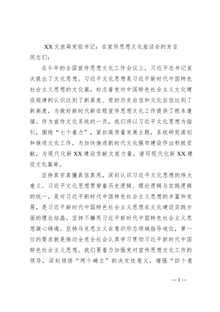 XX文旅局党组书记：在宣传思想文化座谈会的发言