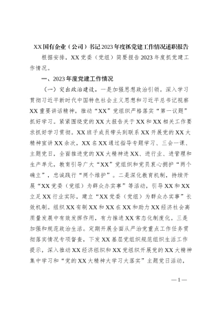 XX国有企业（公司）书记2023年度抓党建工作情况述职报告