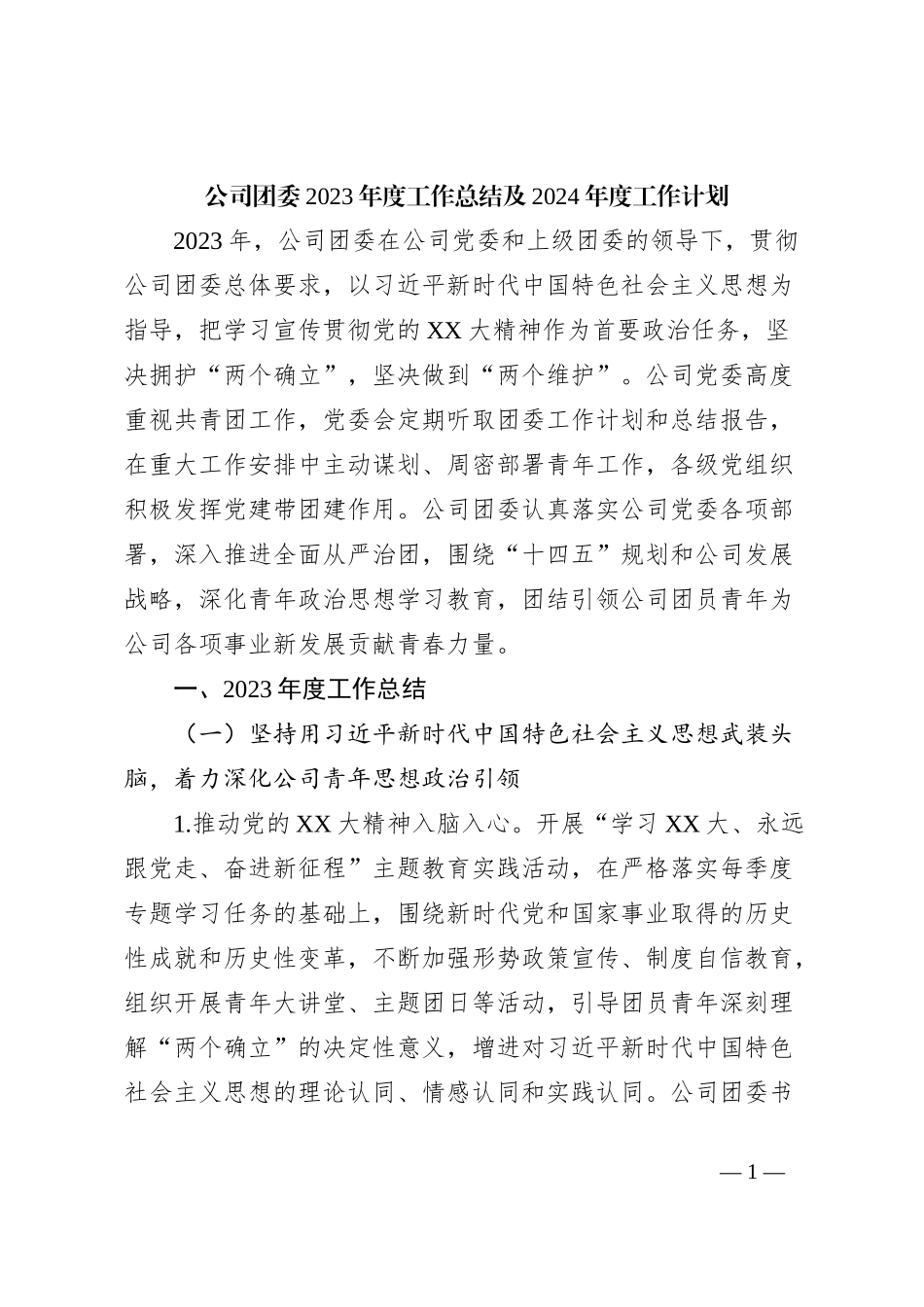 公司团委2023年度工作总结及2024年度工作计划_第1页
