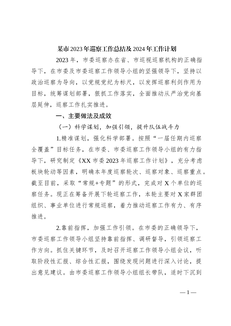 某市2023年巡察工作总结及2024年工作计划_第1页