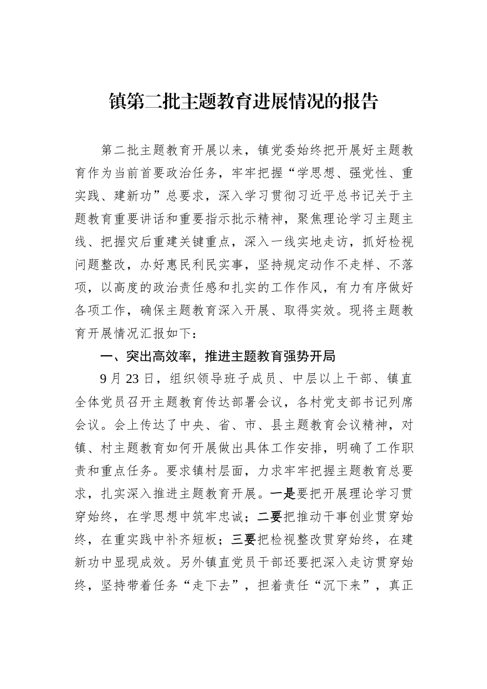 镇第二批主题教育进展情况的报告_第1页