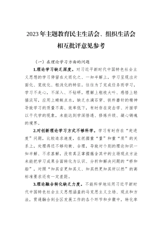 2023年主题教育民主生活会、组织生活会相互批评意见参考