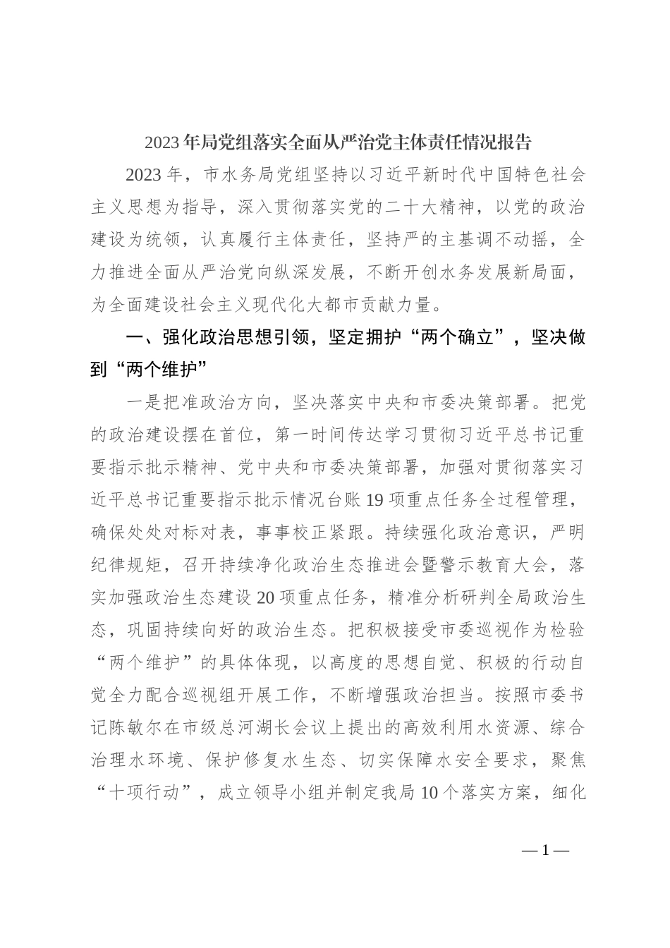 2023年局党组落实全面从严治党主体责任情况报告_第1页