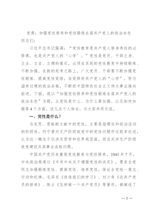 党课：加强党性修养和党性锻炼 永葆共产党人的政治本色