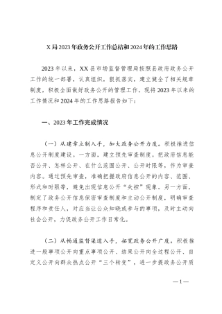 X局2023年政务公开工作总结和2024年的工作思路