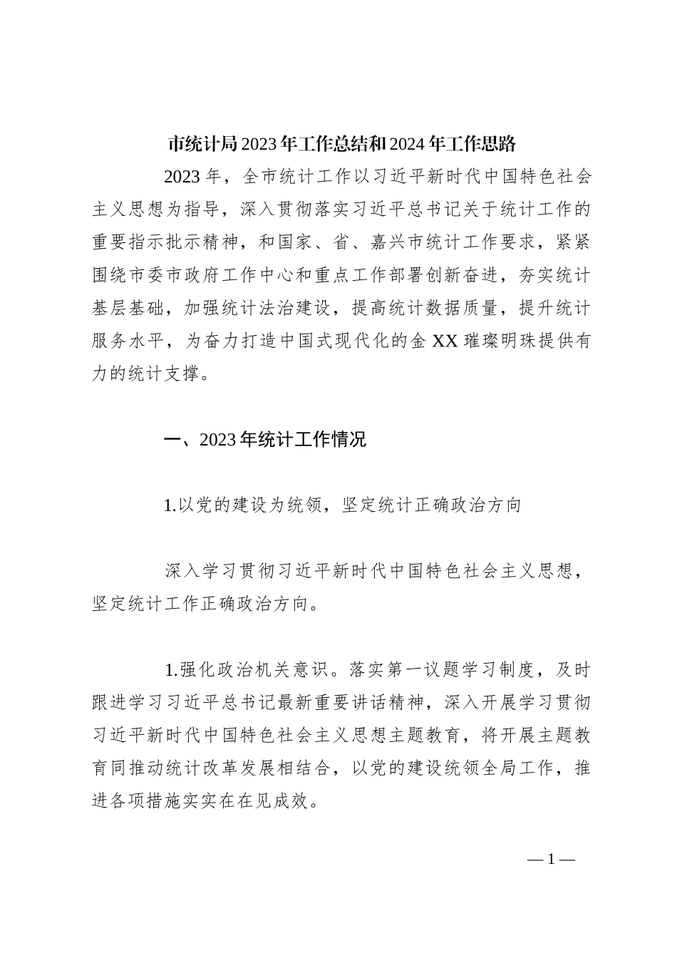 市统计局2023年工作总结和2024年工作思路_第1页