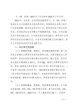 乡（镇、街道）2023年工作总结和2024年工作计划