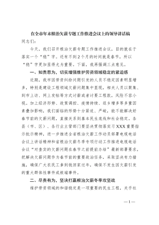 在全市年末根治欠薪专题工作推进会议上的领导讲话稿