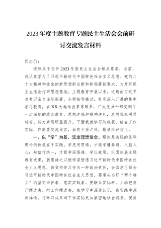2023年度主题教育专题民主生活会会前研讨交流发言材料