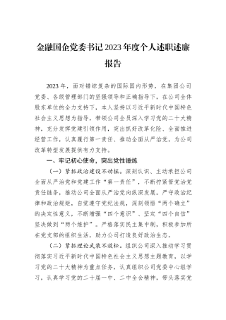 金融国企党委书记2023年度个人述职述廉报告
