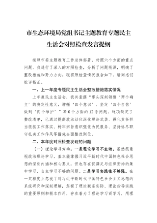 市生态环境局党组书记主题教育专题民主生活会对照检查发言提纲