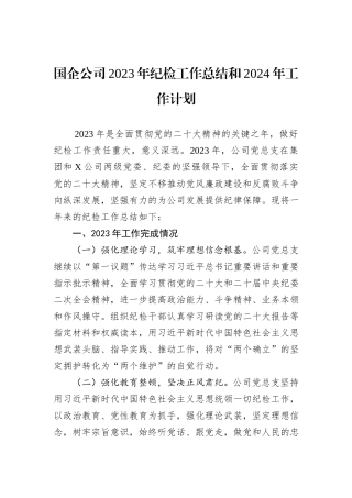 国企公司2023年纪检工作总结和2024年工作计划