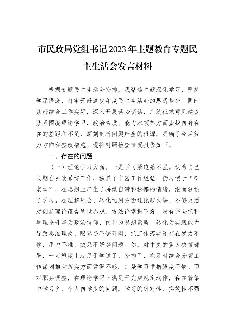 市民政局党组书记2023年主题教育专题民主生活会发言材料_第1页