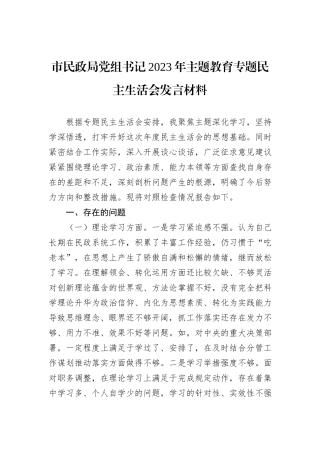 市民政局党组书记2023年主题教育专题民主生活会发言材料