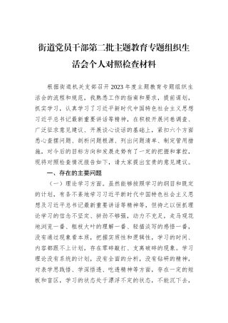 街道党员干部第二批主题教育专题组织生活会个人对照检查材料