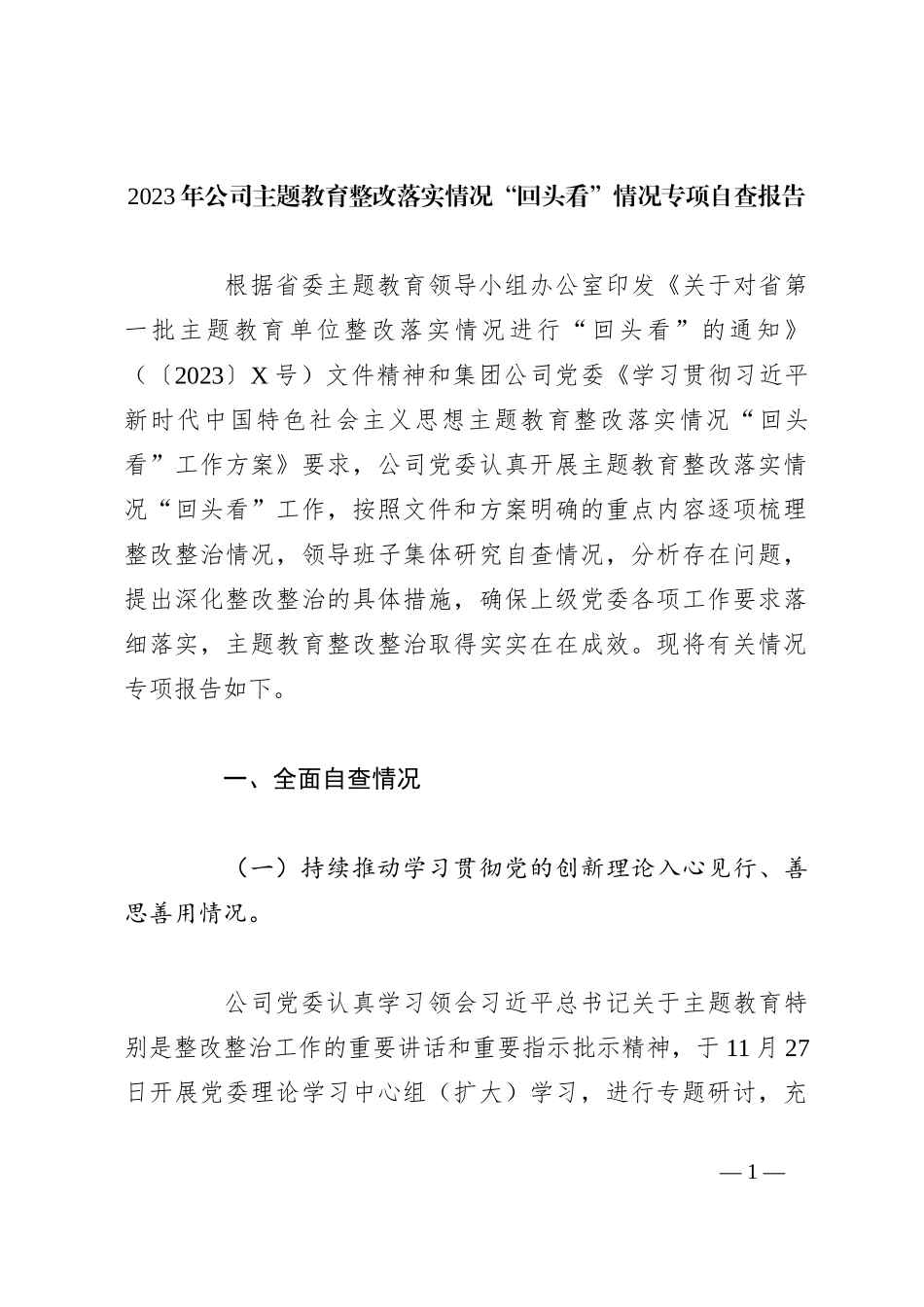 2023年公司主题教育整改落实情况“回头看”情况专项自查报告_第1页