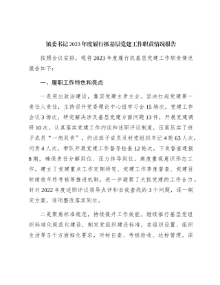 乡镇书记2023年度履行抓基层党建工作职责情况报告3000字（党建述职）