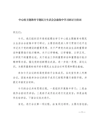 中心组主题教育专题民主生活会会前集中学习研讨主持词4400字