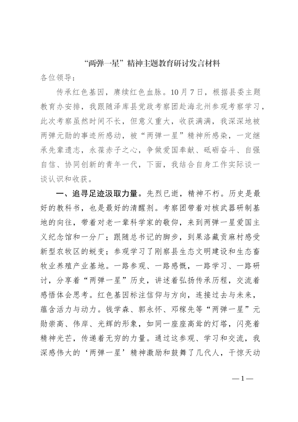 “两弹一星”精神主题教育研讨发言材料_第1页