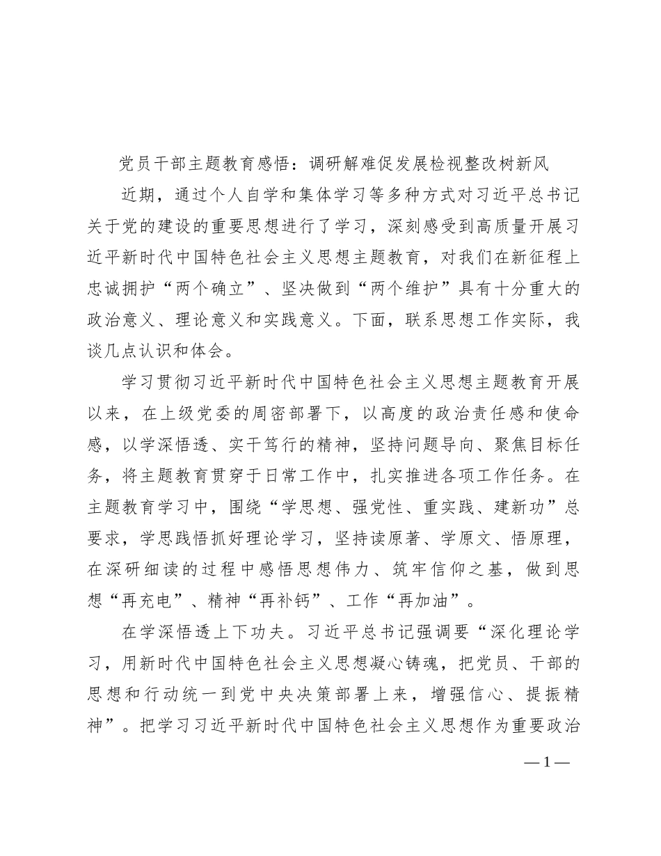 党员干部主题教育感悟：调研解难促发展   检视整改树新风_第1页