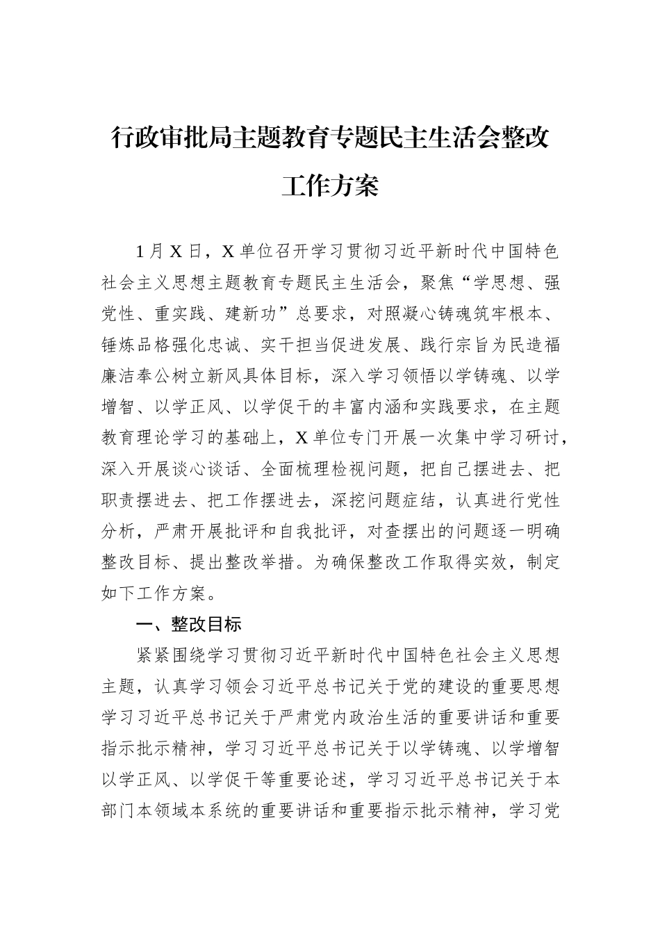 行政审批局主题教育专题民主生活会整改工作方案_第1页