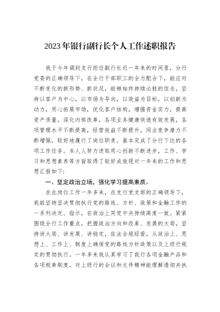 2023年银行副行长个人工作述职报告