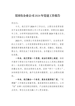 某国有企业公司2024年党建工作报告