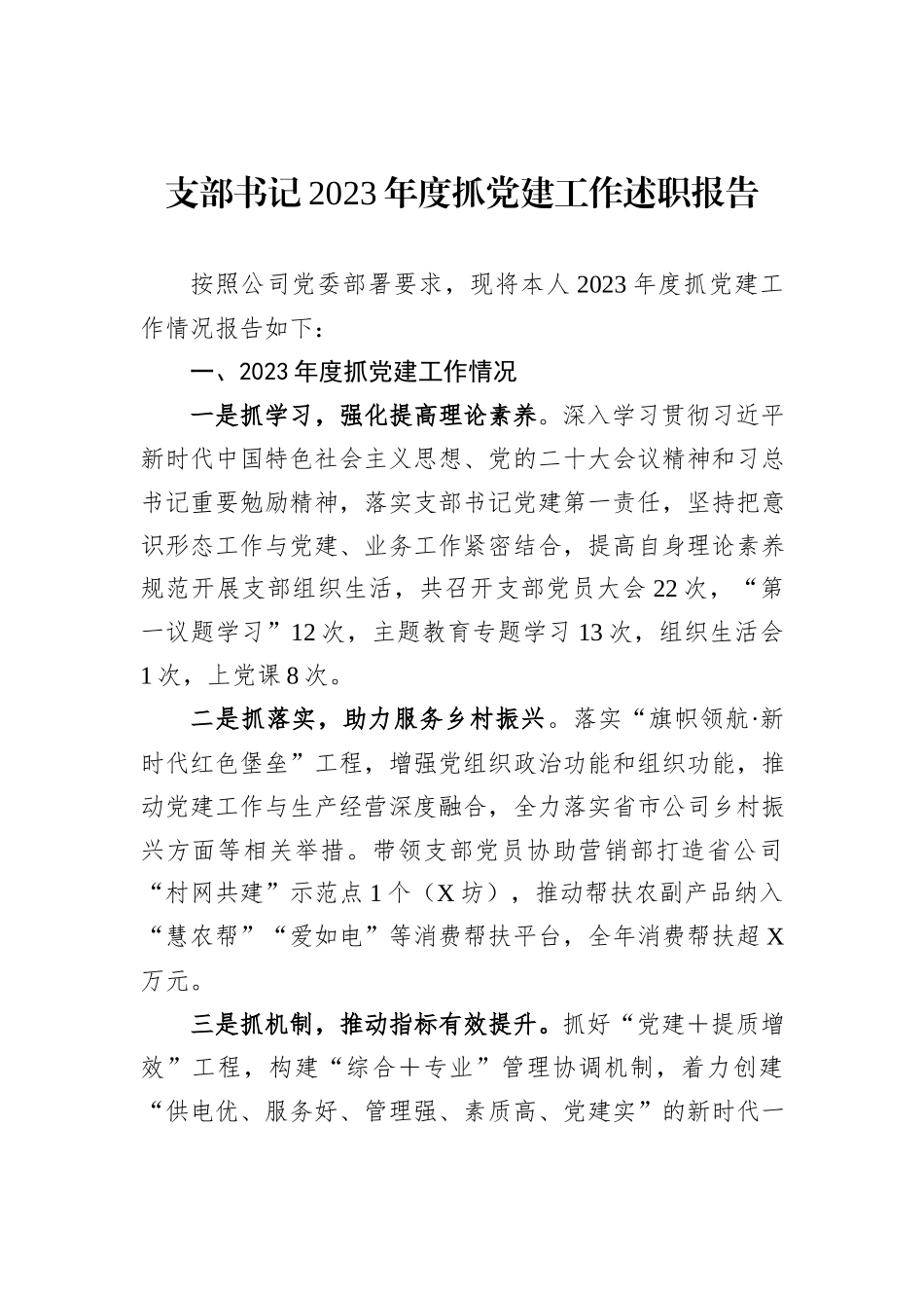 支部书记2023年度抓党建工作述职报告_第1页